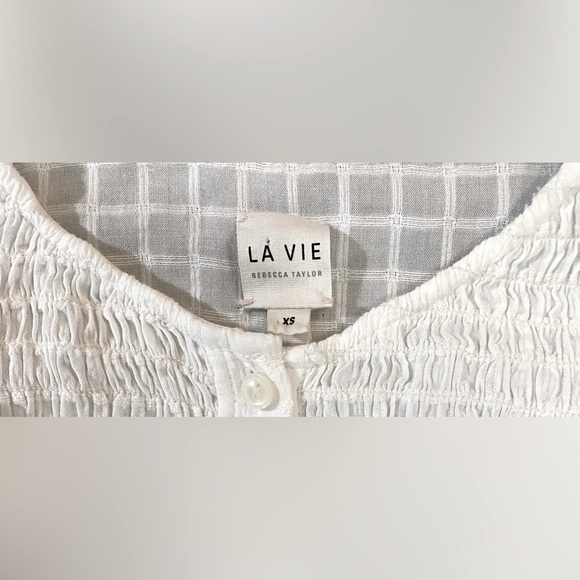 La Vie Rebecca Taylor Off White White Drapey Textured Check Dress w Ruffle Skirt - Picture 9 of 9